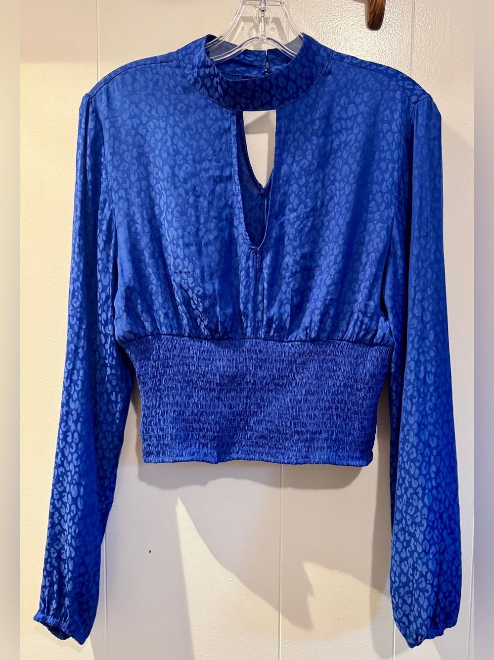 Steve Madden Cobalt Blue Long Sleeve Smocked Waist Keyhole Top